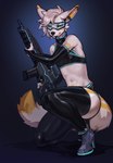 absurd_res anthro anubian_jackal arm_warmers armwear belly bottomwear bullet canid canine canis clothing crop_top earbuds electronics footwear gun headphones hi_res high_heels hotpants jackal jaki_(jaki0284) legwear male mammal ranged_weapon romarom shirt shoes shorts solo thigh_highs topwear visor weapon xm8