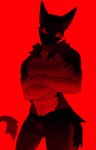 2024 abs absurd_res anthro balaclava big_ears black_and_red black_body black_fur bottomwear boxers_(clothing) clothing countershade_torso countershading covered_face crossed_arms fur hi_res long_tail looking_at_viewer male mask monochrome muscular muscular_male naked_torso nekothesaber nipples pants pecs red_body red_eyes red_fur red_light red_lighting sergal shaded soft_shading solo tail underwear