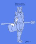 2018 absurd_res anthro armor bottomwear breasts canid canine cleavage clothed clothing english_text female footwear fox gauntlets gloves greasymojo handwear hi_res jewelry krystal_(star_fox) loincloth mammal monochrome muscular muscular_female navel necklace nintendo offscreen_character sandals shoes simple_background skimpy solo staff star_fox tattoo text topwear tribal