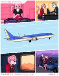 2020 3_toes aircraft airplane anthro barefoot black_bottomwear black_clothing black_pants black_shirt black_topwear blue_bottomwear blue_clothing blue_eyes blue_jacket blue_skirt blue_topwear boeing_737 bottomwear breasts car clothed clothing comic computer digital_media_(artwork) digitigrade domestic_cat dresser duo ear_piercing ear_ring electronics english_text feet felid feline felis female fur furniture fuzzledfur grey_body grey_fur head_tuft inside inside_airplane jacket jewelry male mammal melody_(fuzzledfur) mountain necklace pants piercing pink_body pink_fur pixel_(artwork) red_clothing red_jacket red_topwear ring_piercing shirt skirt small_breasts smile solo_focus suitcase text toes topwear tuft url vehicle white_body white_fur window yellow_clothing yellow_shirt yellow_topwear