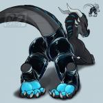 1:1 2019 4_fingers all_fours anthro ass_up bedroom_eyes biped black_body black_scales black_sclera blue_body blue_eyes blue_paws blue_scales butt claws clothing countershade_tail countershade_torso countershading crossed_arms dragon feet fingers foot_focus footwear glistening glistening_clothing glowing glowing_markings grey_background grey_body grey_countershading grey_scales half-closed_eyes hi_res horn idoodle2draw inviting kneeling latex latex_clothing latex_footwear latex_legwear latex_stockings legwear looking_at_viewer male markings mythological_creature mythological_scalie mythology narrowed_eyes nude portrait pose presenting presenting_hindquarters raised_tail rear_view scales scalie seductive sharp_teeth signature simple_background smile smirk solo spikes stockings tail teasing teeth tight_clothing xero_(captainscales)