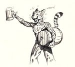 0laffson 2020 5_fingers alcohol anthro barrel beer belt beverage bottomwear bubble cheetah clothed clothing container cup dialogue drunk drunk_bubble enorach_(0laffson) felid feline fingers foam fur holding_barrel holding_container holding_cup holding_mug holding_object male mammal markings monochrome motion_lines mug open_mouth pants pen_(artwork) raised_hand scar signature smile solo spots spotted_body spotted_fur spotted_markings spotted_tail standing striped_markings striped_tail stripes substance_intoxication tail tail_markings teeth tongue topless traditional_media_(artwork) wraps wrist_wraps