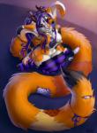 2017 3_eyes alternative_fashion anthro biped black_body black_fur breasts clothing doll fangs feliana felid female floppy_ears fur grey_hair hair horn kneeling langurhali legwear long_ears long_hair long_tail looking_at_viewer mammal multi_eye nude orange_body orange_fur orange_tail overbite patch_(fabric) plushie purple_eyes purple_hair smile solo tail teeth thigh_highs underbite vera_(artist) white_body white_fur