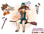 big_ears clothing duo ears_down english_text female hat headgear headwear hi_res lagomorph leporid magic_user male male/female mammal multicolored_eyes olivialovesfur pivoted_ears rabbit smile smiling_at_viewer spots tail text witch witch_costume witch_hat