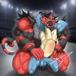 1:1 abdominal_bulge absurd_res anthro balls big_dom_small_sub big_muscles big_pecs blue_body blue_fur bodily_fluids chest_spike claws crowd cum cum_while_penetrated cumshot dominant dripping duo ejaculation electronics exhibitionism extreme_penetration fangs feet fighting_ring fur generation_4_pokemon generation_7_pokemon genital_fluids genitals group hi_res huge_muscles humanoid_genitalia humanoid_penis incineroar kneeling lucario male male/male muscular muscular_anthro muscular_male nintendo nipples no_internal_organs nude pecs penetration penis pokemon pokemon_(species) public public_sex red_body red_fur sex size_difference smaller_penetrated solard0gg0 speech_bubble spikes spikes_(anatomy) teeth television vein veiny_muscles veiny_penis