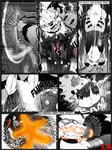 angry arcanine battle bluebean bodily_fluids body_horror caption_box comic curved_text death duo english_text feral fire flaming_text flash_effect focus_lines generation_1_pokemon genitals hi_res impact_lines male male_death monochrome nintendo page_number parallel_speed_lines pokemon pokemon_(species) pokemon_move radial_speed_lines scyther speed_lines spot_color stylized_text tentacles text text_box violence white_eyes