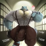 1:1 2020 anthro arm_markings artist_name atlas_(fusion_h0ss) biceps big_biceps big_bulge big_muscles big_pecs big_tail blue_arms blue_face blue_feet blue_sclera blue_tail bottomwear brown_bottomwear brown_clothing brown_pants bulge button_(fastener) chest_markings clenched_teeth clock clothing detailed_bulge digital_drawing_(artwork) digital_media_(artwork) dinosaur dress_shirt english_text exclamation_point facial_markings facial_piercing feet genital_outline gold_(metal) gold_piercing hallway handbag head_markings hi_res holding_bag holding_object huge_bulge huge_muscles huge_pecs humanoid_hands hyper hyper_bulge hyper_muscles hyper_pecs inside looking_at_object looking_at_watch looking_at_wrist male markings motion_lines multicolored_arms multicolored_markings muscular muscular_anthro muscular_arms muscular_legs muscular_male muscular_thighs nipple_outline nipples nose_piercing nose_ring onomatopoeia pants pecs penis_outline piercing prehistoric_species purple_arms purple_chest purple_markings purple_tail red_text reptile ring_piercing running scalie septum_piercing septum_ring sharp_teeth shirt signature solo sound_effects stomp_(sound_effect) suspenders tail tail_markings tan_arms tan_chest tan_markings tankh tattoo teeth text theropod thick_arms thick_thighs thoom topwear two_tone_chest two_tone_markings two_tone_tail tyrannosaurid tyrannosauroid tyrannosaurus tyrannosaurus_rex walking watch white_clothing white_shirt white_text_border white_text_outline white_topwear wristwatch yellow_piercing