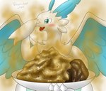 ambiguous_gender blue_eyes blue_wings blush diarrhea dish dragon drain_scat embarrassed feces feces_as_food feces_on_object feces_on_plate feces_pile feral fur furred_dragon furred_scalie hi_res holding_dish holding_feces holding_nose holding_object looking_at_feces mythological_creature mythological_scalie mythology open_mouth pal_(species) palworld pocketpair presenting quivern scalie scatplay simple_background smelly solo white_background white_body white_fur wings