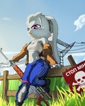 4:5 absurd_res adidas anthro bone breasts cyrillic_text danger dragunov female fence grass gun hi_res lagomorph leporid lynda_(noconcession) mammal noconcession plant rabbit ranged_weapon s.t.a.l.k.e.r. sign skull skull_head sky small_breasts solo tall_grass text tourniquet weapon wounded