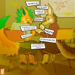 1:1 anthro book canid canine casey_(dmb) chair classroom classroom_desk clothed clothing dialogue disgust disgusted_face duo embarrassed english_text fart fart_cloud fart_fetish fluffy fluffy_tail fox fur furniture gassy hi_res jooper looking_back male male/male mammal multicolored_body multicolored_fur on_chair paper pen school sitting sitting_on_chair smelly speech_bubble stink_fumes tail text uncomfortable