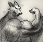 anthro bat biceps biceptember big_muscles drakei fangs flexing flexing_bicep hi_res huge_muscles male mammal monochrome muscular muscular_arms muscular_male solo teeth