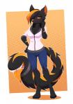 anthro biped black_body black_fur black_hair bottomwear breasts canid canine clothed clothing digital_media_(artwork) ember_blackwood female fox full-length_portrait fur hair hoodie mammal markings multicolored_hair orange_eyes orange_hair pants portrait re-sublimity-kun simple_background solo standing tail tail_mouth tailmouth_(species) topwear two_tone_hair unusual_anatomy unusual_tail yellow_markings