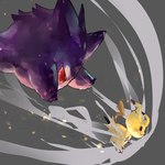 ambiguous_gender biped chasing colored digital_media_(artwork) digital_painting_(artwork) duo generation_1_pokemon generation_7_pokemon gengar grey_background hi_res mimikyu nintendo pokemon pokemon_(species) purple_body red_eyes shaded simple_background sukep yellow_body