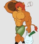 2018 anthro barrel big_muscles clothing felid food footwear fur hair hair_over_eye hi_res lion lube male mammal multicolored_body multicolored_fur muscular muscular_male musical_note musical_symbol nipples one_eye_obstructed onion pantherine pecs plant red_hair shirtless shoes socks solo symbol tail teer todd_(joelasko) two_tone_body two_tone_fur vegetable