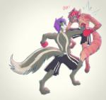 anthro belly boxing boxing_gloves canid canine clothing duo faedyn fight fox handwear male mammal mephitid punch shiply simple_background skunk sport text white_background