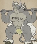 2017 2_horns abs ankle_tuft anthro barbell_squats behind_another biceps big_pecs body_writing bovid bovine bulge canid canine canis cattle claws clenched_teeth clothed clothing crouching deltoids duke_(nightterror) duo english_text exercise facial_piercing facial_spikes fur grey_body grey_fur grin hair hand_on_abs hand_on_side holding_bar holding_object hooved_plantigrade hooved_toes hooves horn ink jockstrap jockstrap_only leg_tuft looking_at_another looking_back male male/male mammal musclegut muscular muscular_anthro muscular_male muscular_thighs navel nightterror nipple_piercing nipple_ring nipples nose_piercing nose_ring paint_on_body pawpads pecs piercing plantigrade ring_piercing septum_piercing septum_ring simple_background smile spikes spikes_(anatomy) standing_behind tan_background tan_hair teeth text toe_claws topless tuft underwear underwear_only weightlifting white_body white_fur wolf workout zato