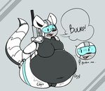 anthro belly belly_grab big_belly big_tail bloated blue_visor blush blush_lines burp_cloud burping canid canine canis conditional_dnp cybernetics cyborg dialogue female hi_res huge_belly hyper hyper_belly machine mammal obese overweight raised_tail robot_anthro rumbling_stomach solo tail titania_(shitpostingstag) verdantphysician visor wolf