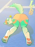 anthro ball bent_over bleu_(lolscarletxi) blush blush_lines bottomwear canid canine canis clothing domestic_dog feral4everart floppy_ears hi_res kneeling light lolscarletxi male mammal paws raised_tail shorts solo sun sunlight tail tennis_ball tennis_court