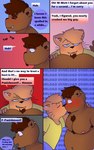 5:8 anthro bear belly blush bottomwear brown_body brown_fur clothed clothing comic dialogue digital_media_(artwork) domestic_cat duo ear_piercing english_text felid feline felis fur hair heterochromia hi_res kiss_on_lips kissing klenn_(sleepywozzy) looking_at_viewer male male/male mammal matt_(sleepywozzy) mature_anthro navel navel_piercing nipples open_mouth overweight overweight_anthro overweight_male piercing simple_background sleepywozzy smile speech_bubble text topwear