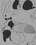 anthro balls big_balls big_penis bow_tie clothed clothing crossdressing genitals huge_balls huge_penis hyper hyper_balls hyper_genitalia hyper_penis lagomorph leggings legwear low_res male mammal monochrome nekodata penis solo