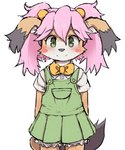 2017 5:6 anthro big_eyes big_head blush blush_stickers bow_(feature) bow_tie canid canine caninu clothed clothing countershading cyberconnect2 dagasi dipstick_ears ear_markings female front_view fully_clothed green_eyes hair hi_res kemono little_tail_bronx looking_at_viewer mammal mamoru-kun_(series) matoi-chan_(mamoru-kun) multicolored_ears pink_hair portrait simple_background smile solo standing three-quarter_portrait white_background young young_anthro