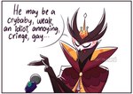 2022 anthro avian avian_demon bird clothed clothing comic crown demon dialogue digital_drawing_(artwork) digital_media_(artwork) electronics english_text eyes_closed formal_clothing formal_wear gesture headgear helluva_boss humor male microphone norithelord open_mouth owl owl_demon paimon_(helluva_boss) red_eyes simple_background solo speech_bubble text the_simpsons watermark white_background