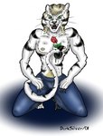 2001 4_fingers anthro areola biped blonde_hair bottomwear clothing darksilver digital_media_(artwork) felid feline fingers flower green_eyes hair kneeling male mammal nipples pants plant rose_(flower) shaded soft_shading solo stripes tan_nipples whiskers