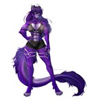 abs absurd_res anthro bottomwear bra canid canine canis clothing felid female fur galdway hi_res horn hotpants iris_grim lime_eyes lycafel mammal muscular muscular_anthro muscular_female prehistoric_species purple_body purple_fur saber-toothed_tiger shorts solo spiked_bra spikes underwear wolf