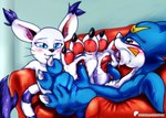 3_toes anthro bandai_namco blue_eyes blush claws digimon digimon_(species) duo feet female foot_fetish foot_lick foot_play furniture gatomon hi_res humanoid_feet licking male male/female pawpads paws plantigrade sitting sofa soles toe_claws toes tongue veemon xptzstudios