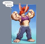 agonwolfe anthro body_builder bottomwear clothing female flexing hair hi_res humanoid lagomorph leporid looking_at_viewer mammal muscular pants rabbit red_hair sweatpants