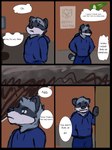 absurd_res anthro clothing comic digital_drawing_(artwork) digital_media_(artwork) hi_res hoodie hyena linux male male/male malle_yeno mammal poster procyonid raccoon topwear