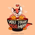 1:1 2020 ambiguous_gender bowl container digital_media_(artwork) english_text eyes_closed felid feline food food_creature fur heart_symbol hi_res humor mammal miso_soup open_mouth pun simple_background smile solo tan_background text url zhivago_(artist)