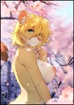 2024 anthro big_breasts black_border blush border breasts digital_media_(artwork) felid feline female fleet-foot fur hair lion looking_at_viewer mammal nipples nude outdoor_nudity outside pantherine rhoda simple_background smile solo tail