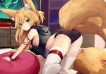 2020 2_tails all_fours animal_humanoid blonde_hair blush bookshelf bottomwear breasts butt canid canid_humanoid canine canine_humanoid clothed clothing electronics female fluffy fluffy_tail fox_humanoid fur furgonomics furniture green_eyes hair hoodie hotpants humanoid inner_ear_fluff inside kokonoe_tsubaki konozawa legwear mammal mammal_humanoid monitor multi_tail pillow plushie rear_view shorts side_boob solo tail tan_body tan_fur thigh_highs topwear tuft wristband