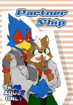 age_restriction anthro avian beak bird blue_body blue_feathers canid canine clothed clothing coat comic cover cover_art cover_page duo english_text falco_lombardi feathers fox fox_mccloud fur hug looking_at_viewer male male/male mammal nintendo orange_body orange_fur quartet_(artist) scarf simple_background smile star_fox teeth text topwear