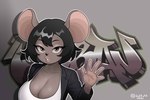 3:2 anthro big_breasts black_hair brandy_(pamaht9) breasts brown_body brown_eyes cleavage clothed clothing female gesture graffiti hair hi_res lipstick looking_at_viewer makeup mammal murid murine pamaht9 rat rodent signature solo spanish_description waving waving_at_viewer waving_hand