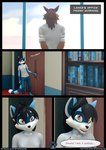 3d_(artwork) anthro barefoot black_hair blue_body blue_fur bookshelf brown_body brown_fur canid canine canis comic comic_panel dialogue digital_media_(artwork) digitigrade door dransvitry english_text feet female fur furniture hair hi_res lance_(striped_sins) male mammal office procyonid raccoon ryder_(striped_sins) speech_bubble striped_sins text url willitfit window wolf