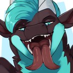 1:1 2_tongues altowovurr blue_body blue_fur brown_body brown_fur dragon feral fur furred_dragon furred_scalie hi_res horn kraalor_chthau_(reks_lih) looking_at_viewer male mouth_shot multi_tongue mythological_creature mythological_scalie mythology open_mouth scalie simple_background smile solo teeth tongue tongue_out