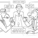 1:1 anthro avian balls black_and_white clothed clothed/nude clothed_male clothing coffee_cup comic container cup dialogue dragon ears_down embarrassed english_text fully_clothed fuze fuzedragon genitals group half-erect hi_res holding_coffee_cup holding_container holding_cup holding_object humanoid_genitalia humanoid_penis lanyard male mammal mandated_nudity monochrome mythological_creature mythological_scalie mythology navel necktie nipples nude penis pivoted_ears pubes scalie text trio