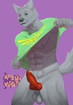 abs absurd_res animal_genitalia animal_penis anthro balls blue_eyes canid canine canine_genitalia canine_penis canis clothing fur genitals green_clothing green_shirt green_topwear grey_body grey_fur hi_res holding_clothing holding_object holding_shirt holding_topwear hyrule logo looking_at_viewer male mammal penis sean(rez) shirt simple_background smile smiling_at_viewer solo tail topwear twunk wept_mac wolf