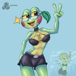 1:1 amphibian anny anthro breasts clothing draw_this_in_your_style eyewear female frog gesture glasses hand_gesture hi_res medium_breasts non-mammal_breasts smile solo v_sign zyasixpear_(artist)