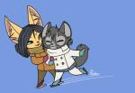 anthro black_hair blue_eyes bottomwear canid canine clothing coat digital_media_(artwork) duo eyes_closed female fenavi_montaro fennec_fox feretta fox fur grey_body grey_fur hair herm_(lore) hi_res ice_skating mammal red_fox shaded silver_fox skirt tale_of_tails topwear true_fox vixavil_hayden yellow_body yellow_fur