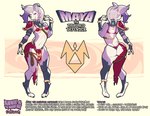 2023 annie_and_the_mirror_goat anthro armlet armor bikini_armor butt canid canine catcouch conditional_dnp digitigrade ear_piercing emblem female fur hair hi_res mammal maya_the_disrobed_defender model_sheet piercing pink_body pink_fur small_tail solo tail tall_female unconvincing_armor wildmons_(catcouch)