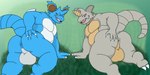 absurd_res all_fours anthro anus backsack balls big_balls big_ears blue_body butt claws duo generation_1_pokemon genitals green_eyes grey_body half-closed_eyes hand_on_butt hi_res horn looking_at_viewer male narrowed_eyes nidoking nintendo nude open_mouth pecs perineum pokemon pokemon_(species) presenting presenting_hindquarters purple_eyes rhydon shiny_pokemon spread_butt spreading tail take_your_pick teeth tongue waniiime_(artist)