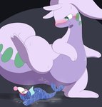 abstract_background after_vore ambiguous_gender animal_genitalia black_background blue_body blush bodily_fluids cloaca cloaca_juice cloaca_juice_string cloacal cloacal_vore covered_in_goo covered_in_slime duo feral generation_6_pokemon generation_7_pokemon genital_fluids genitals goodra green_eyes hand_on_belly hi_res interspecies larger_ambiguous larger_feral looking_down lying nintendo on_back open_mouth parupoke pear-shaped_figure pokemon pokemon_(species) popplio purple_body raised_leg semi-anthro simple_background size_difference smaller_ambiguous smaller_feral smile smirk spiral_eyes sweat tail tailbutt thick_tail thick_thighs unbirthing vaginal vore wide_hips