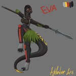 absurd_res anthro aydaharart bandage bandages_only black_body black_hair black_skin body_pattern bound_leg clothed clothed_anthro clothed_female clothing eva(aydaharart) female hair hi_res melee_weapon orange_eyes polearm reptile scales scalie snake solo spear tribal warrior weapon