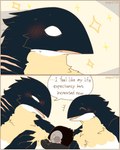 4_fingers ambiguous_gender anthro avian baby beak bird blush blush_lines comic dialogue digital_media_(artwork) eyes_closed fingers male open_mouth pegu2726 penguin scar simple_background sitting smile speech_bubble young young_anthro