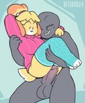 2020 animal_crossing anthro balls bitebox64 blush breasts bridal_carry bridal_carry_position canid canine canis carrying_another clothing digital_media_(artwork) domestic_dog duo female fur genitals glans hair human human_on_anthro humanoid_genitalia humanoid_penis imminent_sex interspecies isabelle_(animal_crossing) legwear male male/female male_on_anthro mammal nintendo nude open_mouth penis shih_tzu simple_background smile standing sweater topwear toy_dog yellow_body yellow_fur