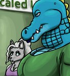 2023 alligatorid anthro azrael_(tertia) azurlligator big_breasts black_nose blue_body blue_eyes blue_lips blue_lipstick blue_scales blush breasts bulging_neck canid canine canis chest_tuft cleavage clothed clothing crocodilian digital_drawing_(artwork) digital_media_(artwork) duo eyebrows eyelashes fangs female fur girl_staring_at_man's_chest green_clothing green_shirt green_topwear green_wall grey_body grey_fur grey_hair hair half-closed_eyes hi_res inner_ear_fluff interspecies large_pecs larger_female lips lipstick looking_at_another looking_at_partner looking_down makeup mammal multicolored_body multicolored_scales muscular muscular_anthro muscular_female narrowed_eyes nathile_tiduna non-mammal_breasts pecs ponytail pupils purple_clothing purple_shirt purple_tank_top purple_topwear reptile scales scalie scutes shirt sign size_difference skywater slit_pupils smaller_female snout tank_top teeth topwear tuft wall_(structure) wavy_hair wolf yellow_scutes