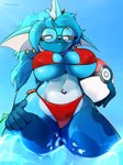 3:4 absurd_res anthro ball bikini black_sclera blue_body blue_hair breasts clothed clothing curvy_figure ear_piercing ear_ring eeveelution eyewear fan_character female generation_1_pokemon glasses hair hi_res inflatable long_hair looking_at_viewer low-angle_view nintendo piercing pinup plecopsar pokeball pokemon pokemon_(species) pose red_bikini red_clothing red_swimwear ring ring_piercing sea shaded sky smile solo spots standing swimwear two-piece_swimsuit underwear vaporeon water wave wet wet_body wet_clothing white_eyes